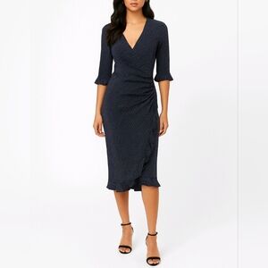 Express Dress Faux Wrap Blue Print Ruffle Hem 3/4 Sleeve V Neck Size 3/4 NWOT
